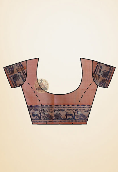 Close-up of matching blouse piece of Copper Peach Baluchari Silk Saree with traditional woven border detailing in copper and peach tones