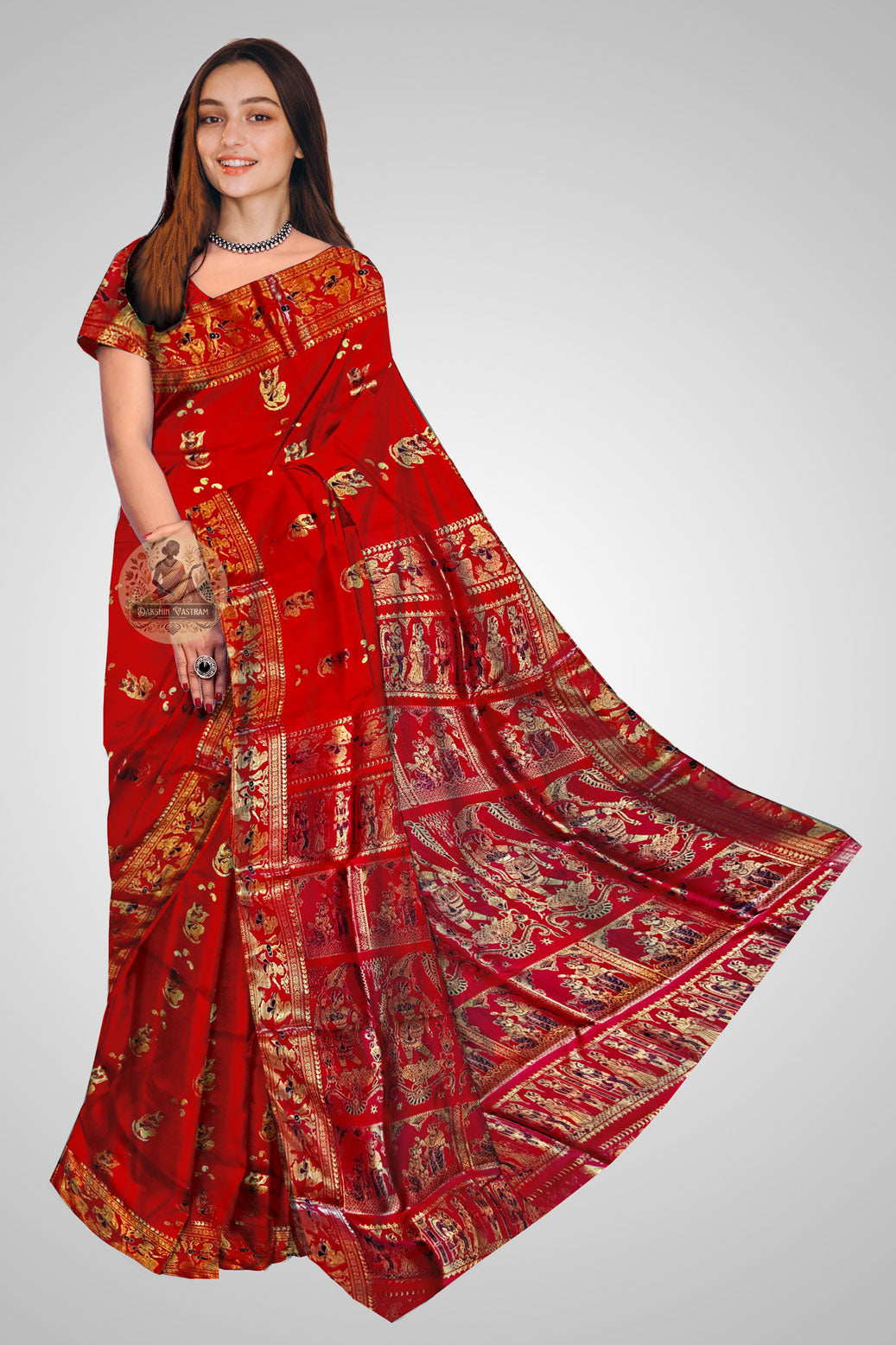 Buy Swarnachari Saree online – Front view with detailed golden motifs