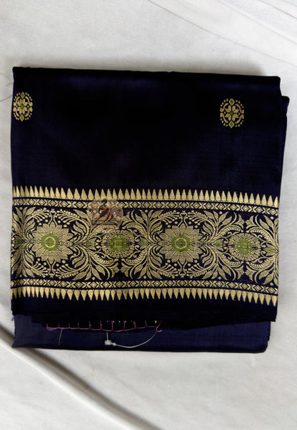 Close-up of celestial archer butis and floral medallions woven into border of Baluchari Silk Saree, Bengal handloom