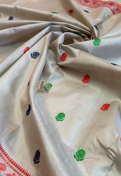 Detailed close-up of hand-woven border on premium Baluchari Silk Saree showing intricate Bishnupur weave patterns and fine pure silk thread craftsmanship passed down across centuries