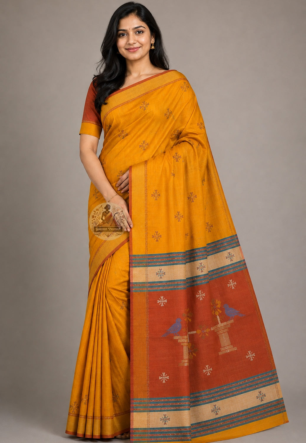 Front view of Bishnupur Katan Silk Saree with handwoven terracotta temple frieze and kalka vine motifs, West Bengal
