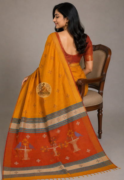 Side view of Bishnupur Pure Katan Silk Saree showing master weave drape and terracotta frieze handloom border