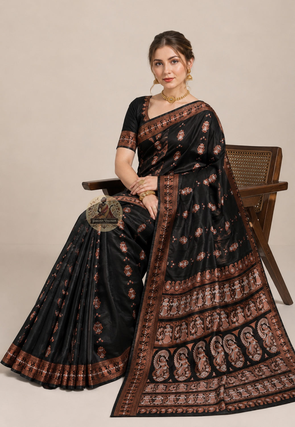 Full flat-lay view of handwoven Swarnachari silk saree with golden zari border, ornate pallu, and matching blouse piece, West Bengal