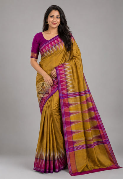 Front view of Bishnupur Silk Kotki Saree in pure Katan silk, handwoven with the signature Kotki check weave, draped elegantly to showcase the subtle geometric body pattern and ornate border