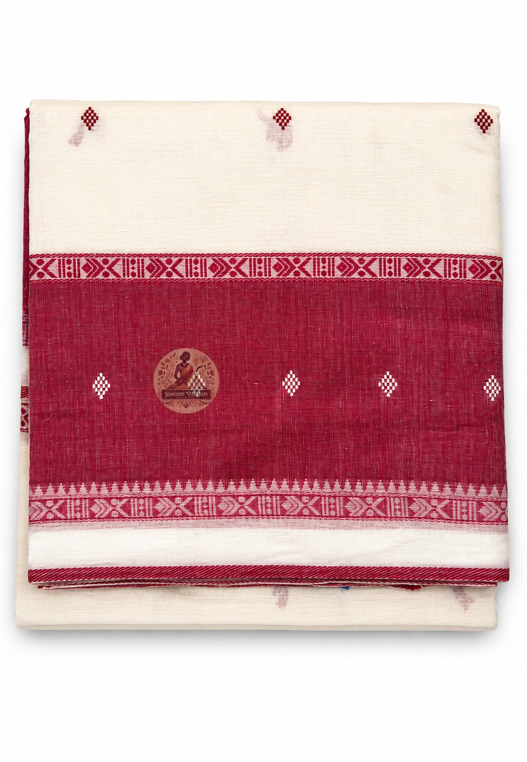Close-up of woven border detail on Bengali handloom cotton saree showing artisan finish