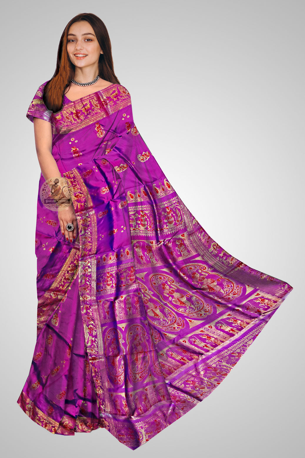 Buy Swarnachari Saree online – Front view with traditional Bengal motifs