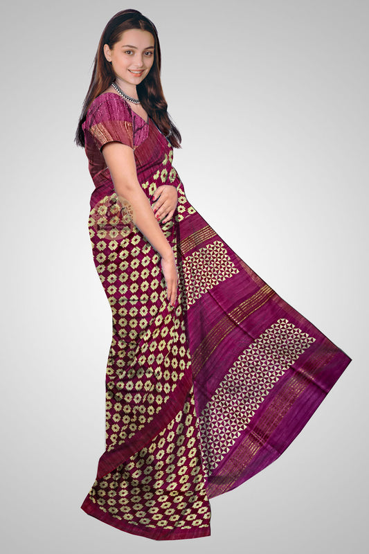 Shop Natural Tussar Silk Saree – Traditional side view with elegant drape
