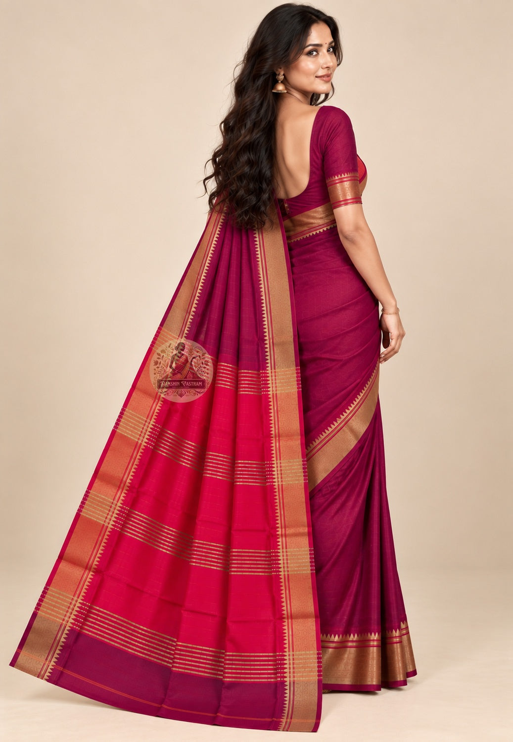 Side view of Bishnupur artisan Katan silk saree displaying clean pleat structure and natural lustre of pure Katan silk fabric