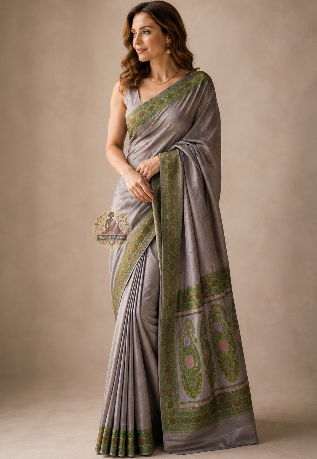 Side view of Baluchari Pure Silk Saree showing composed grand drape and celestial chariot procession handloom border