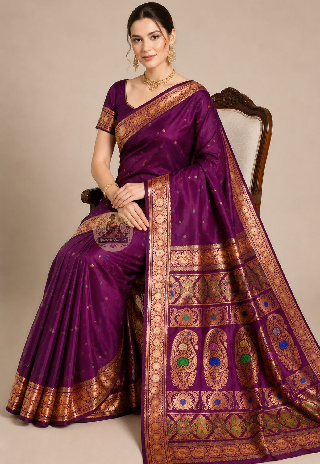 Side view of premium Swarnachari handloom silk saree showing wide illuminating golden zari border and naturally lustrous pure silk drape shifting in light, West Bengal weave