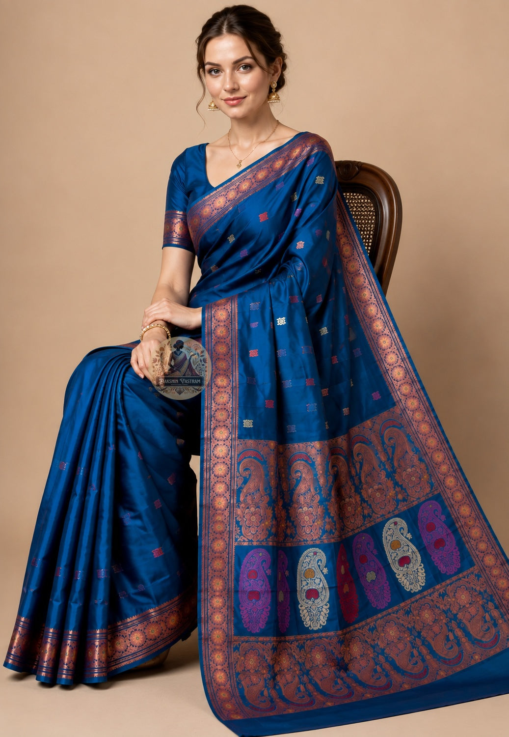 Full flat-lay of premium Swarnachari pure silk saree with patiently woven golden zari border, resolved narrative pallu, precisely placed buti field, and matching unstitched blouse piece, West Bengal handloom