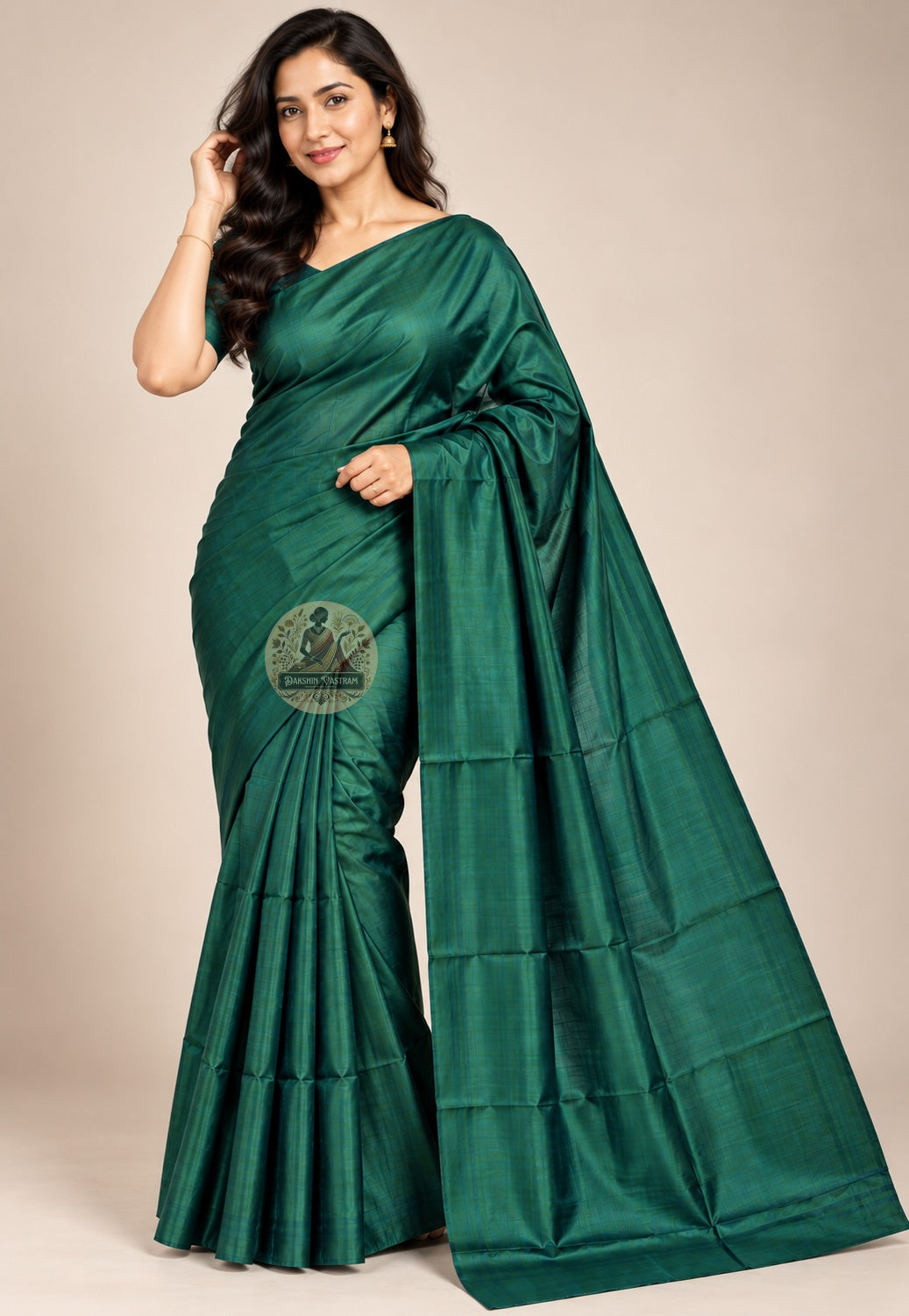 Front view of deep green Bishnupur handloom silk saree with a plain body and lustrous folds