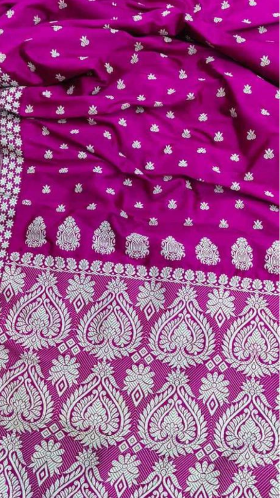 Rear view of Assam Mulberry Silk Saree displaying the clean handwoven pallu and quietly luminous pure silk finish of traditional Assam loom craft