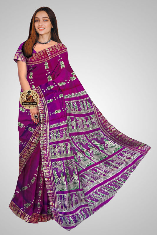 Buy Purple Baluchari Saree online – Purple Baluchari Saree front view