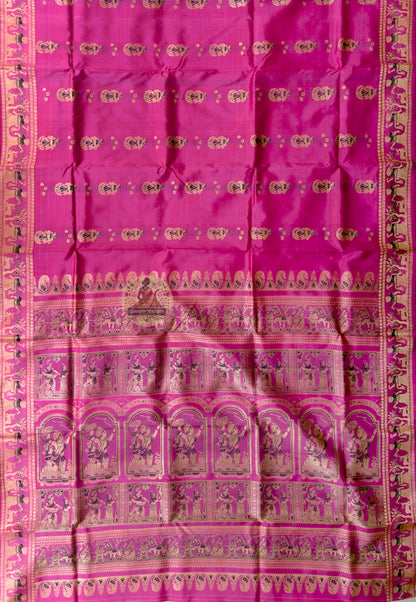 Side view of Baluchari Silk Saree showing fluid silk drape and handloom woven lotus medallion narrative border