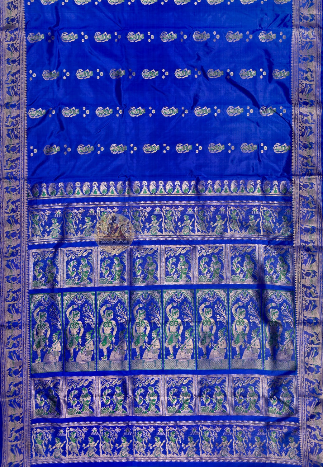 Close-up of pure golden zari royal court scene woven into pallu of Swarnachari Silk Saree Bengal handloom craft