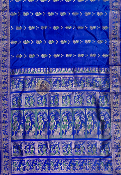 Close-up of pure golden zari royal court scene woven into pallu of Swarnachari Silk Saree Bengal handloom craft