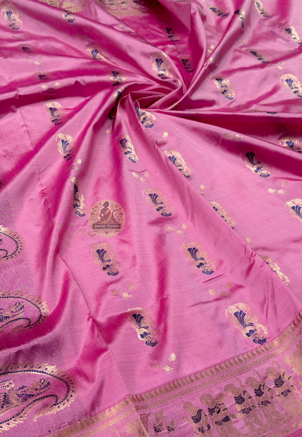 Close-up of pure golden zari Radha-Krishna flute scene woven into pallu of Swarnachari Silk Saree Bengal handloom craft