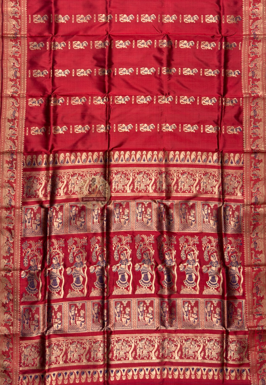 Side view of Swarnachari silk saree highlighting structured golden zari border and warm handloom silk texture, traditional Bengal weave