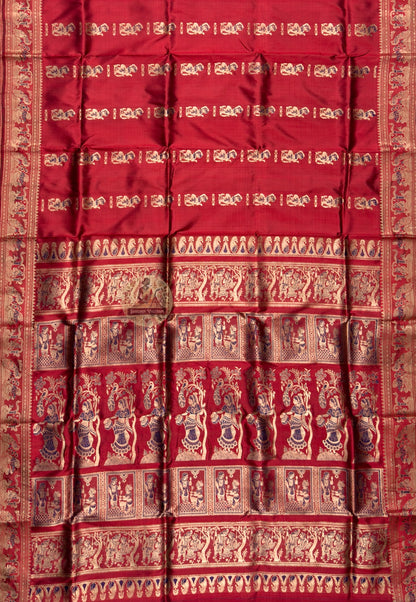 Side view of Swarnachari silk saree highlighting structured golden zari border and warm handloom silk texture, traditional Bengal weave