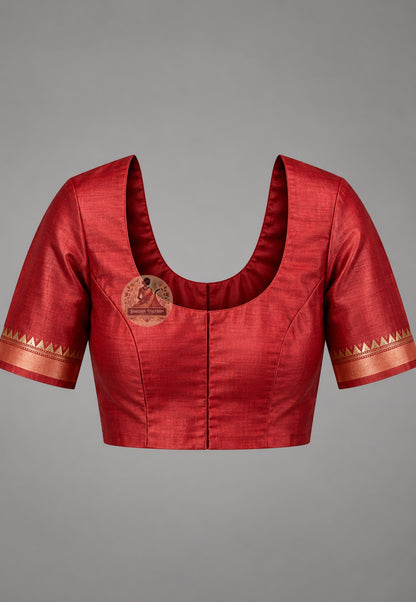Matching blouse piece included with Bishnupur collector's Katan silk handloom saree, pre-matched and handwoven in West Bengal