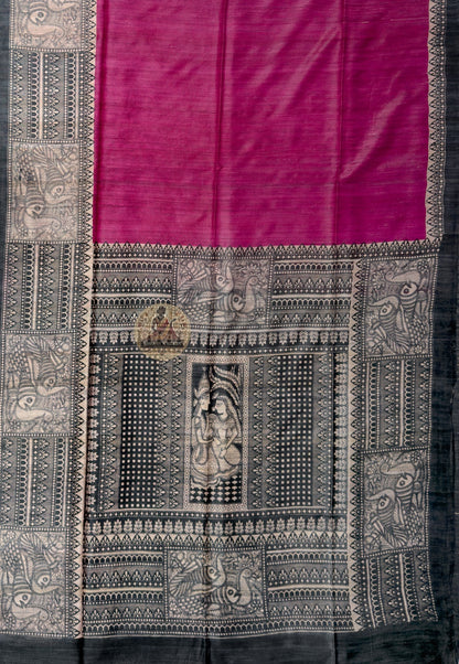Close-up of Ghicha Tussar silk trousseau saree weave showing natural slub texture and inherent surface variation of short-staple Tussar silk yarns woven on handloom