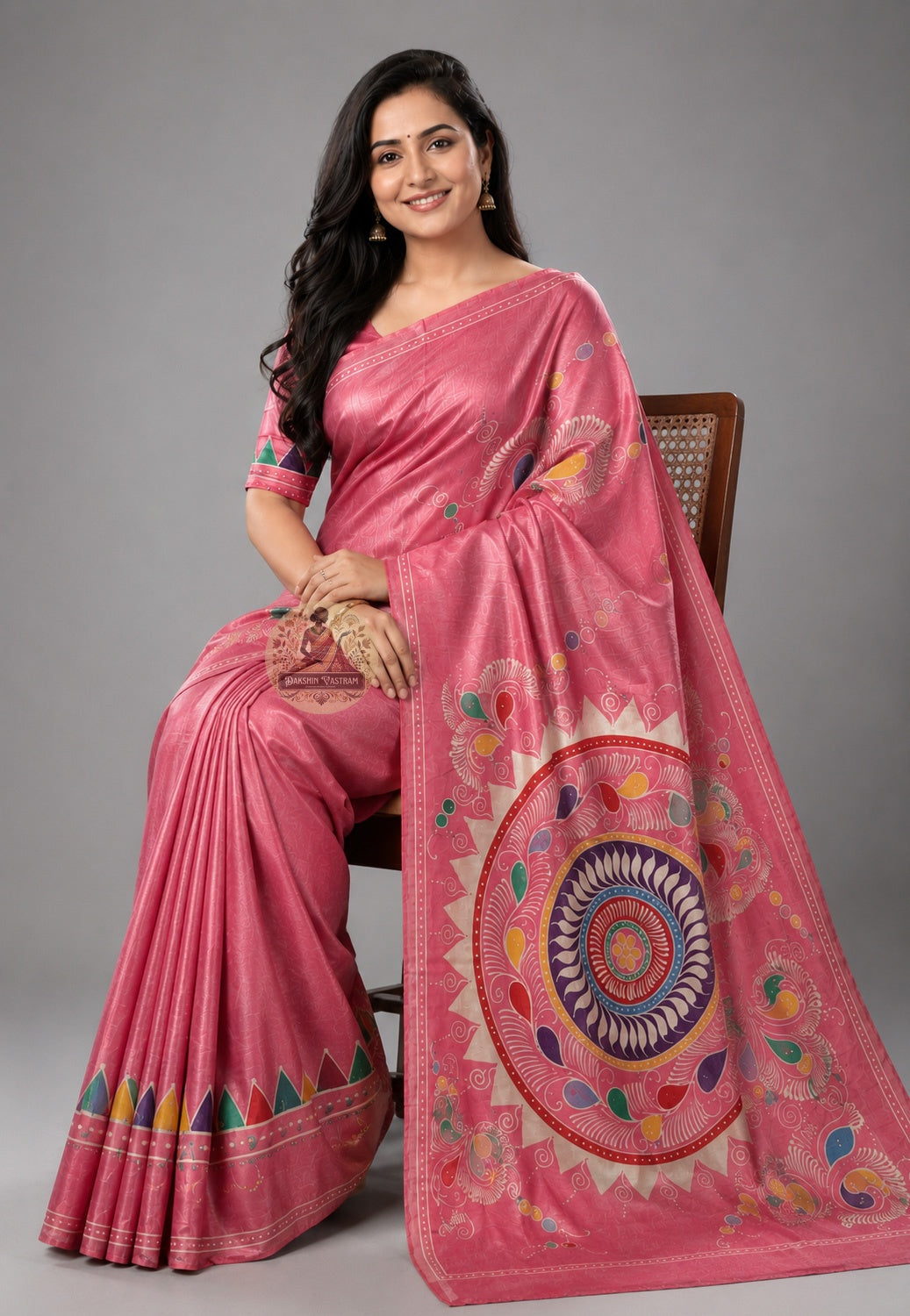 Side view of Bishnupur pure Katan silk saree showing structured drape and deep silk lustre, Bengal handloom craft