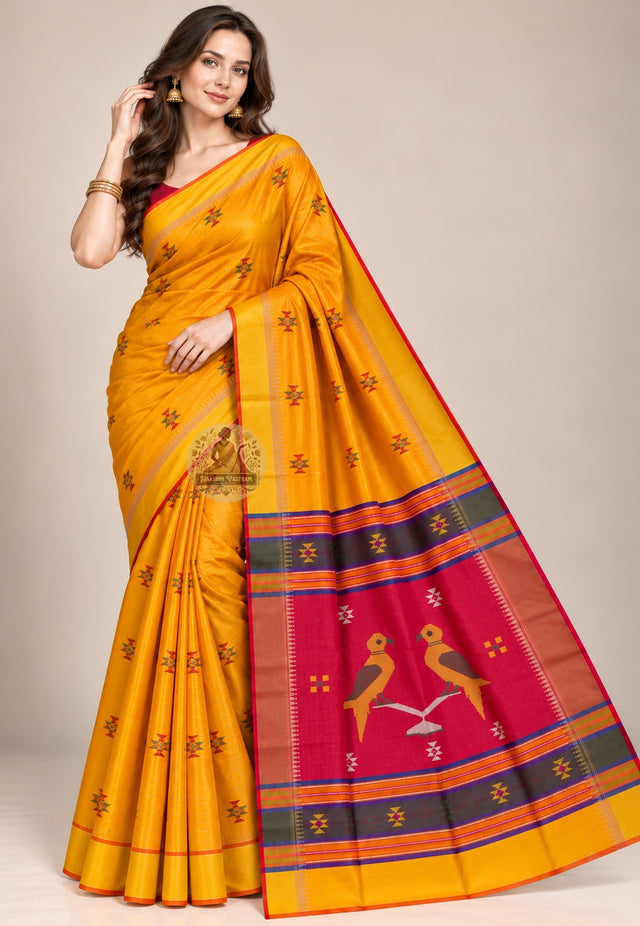 Front view of mustard-yellow Bishnupur silk saree with small multicoloured motifs and a red bird pallu