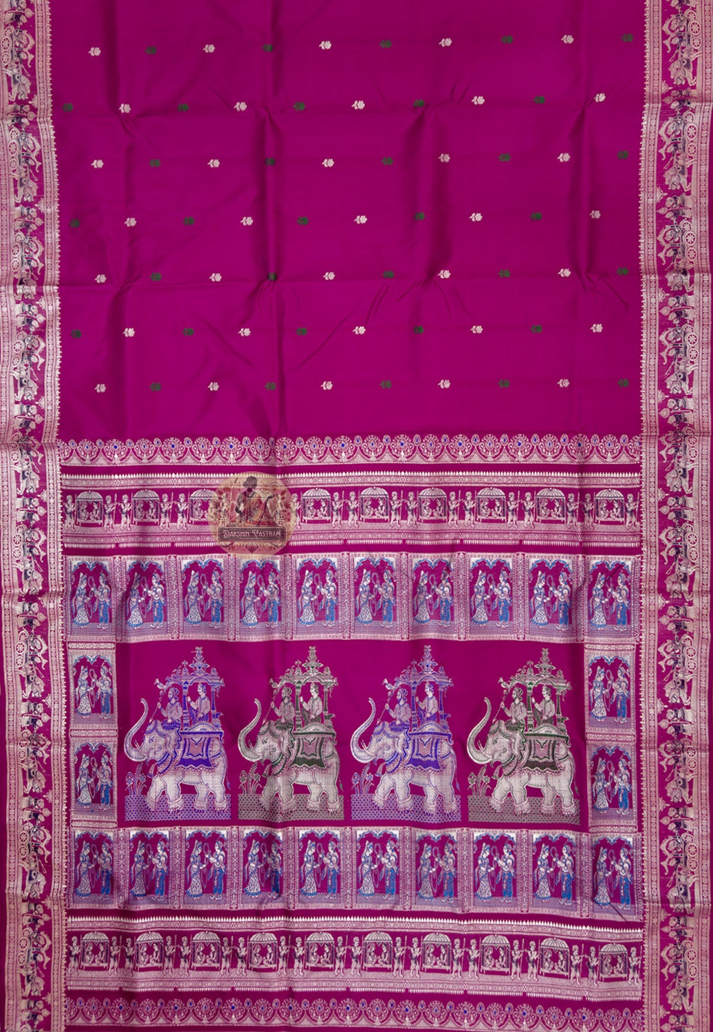 Close-up of Baluchari silk saree pallu showing individually woven Ramayana mythology figures and Malla court compositions in coloured silk thread carrying the Bishnupur tradition across generations
