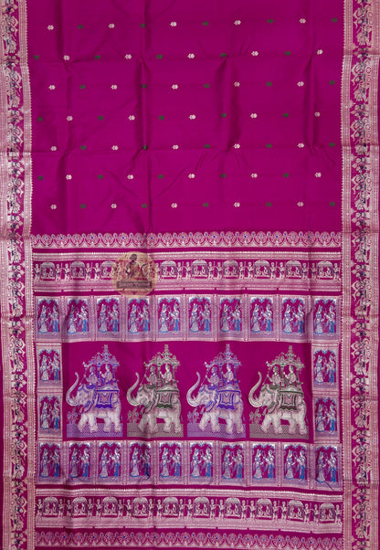 Close-up of Baluchari pure silk saree weave showing silk-on-silk narrative mythology motifs in coloured thread detail preserved across decades for the occasion it has not yet been worn to