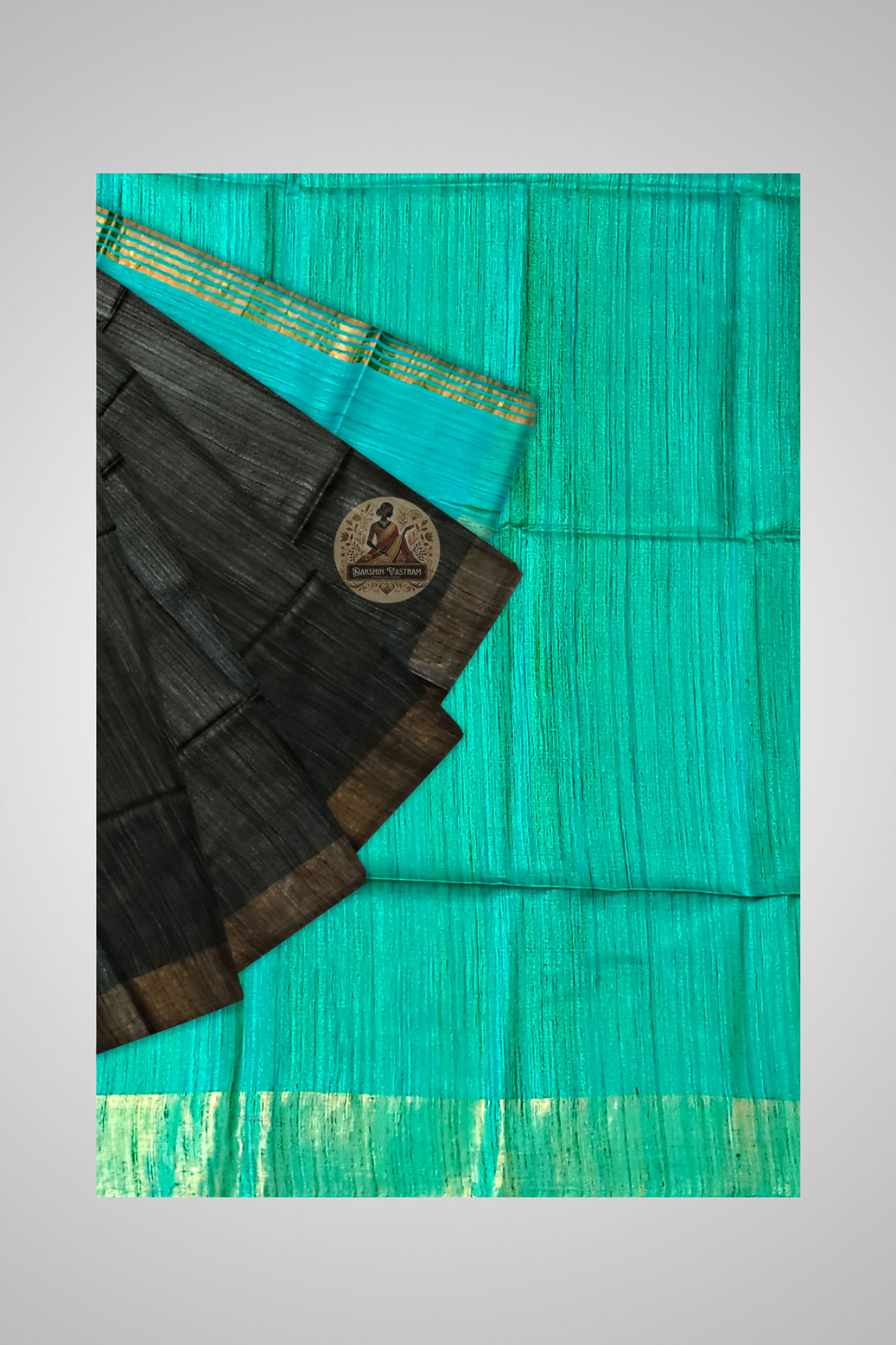 Buy Black and Turquoise Ghicha Tussar Silk Saree online – Saree full view