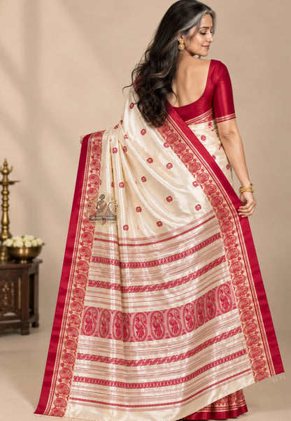Side view of Bishnupur Garad pure mulberry silk puja saree displaying warm natural ivory tone and structured handloom drape in West Bengal silk