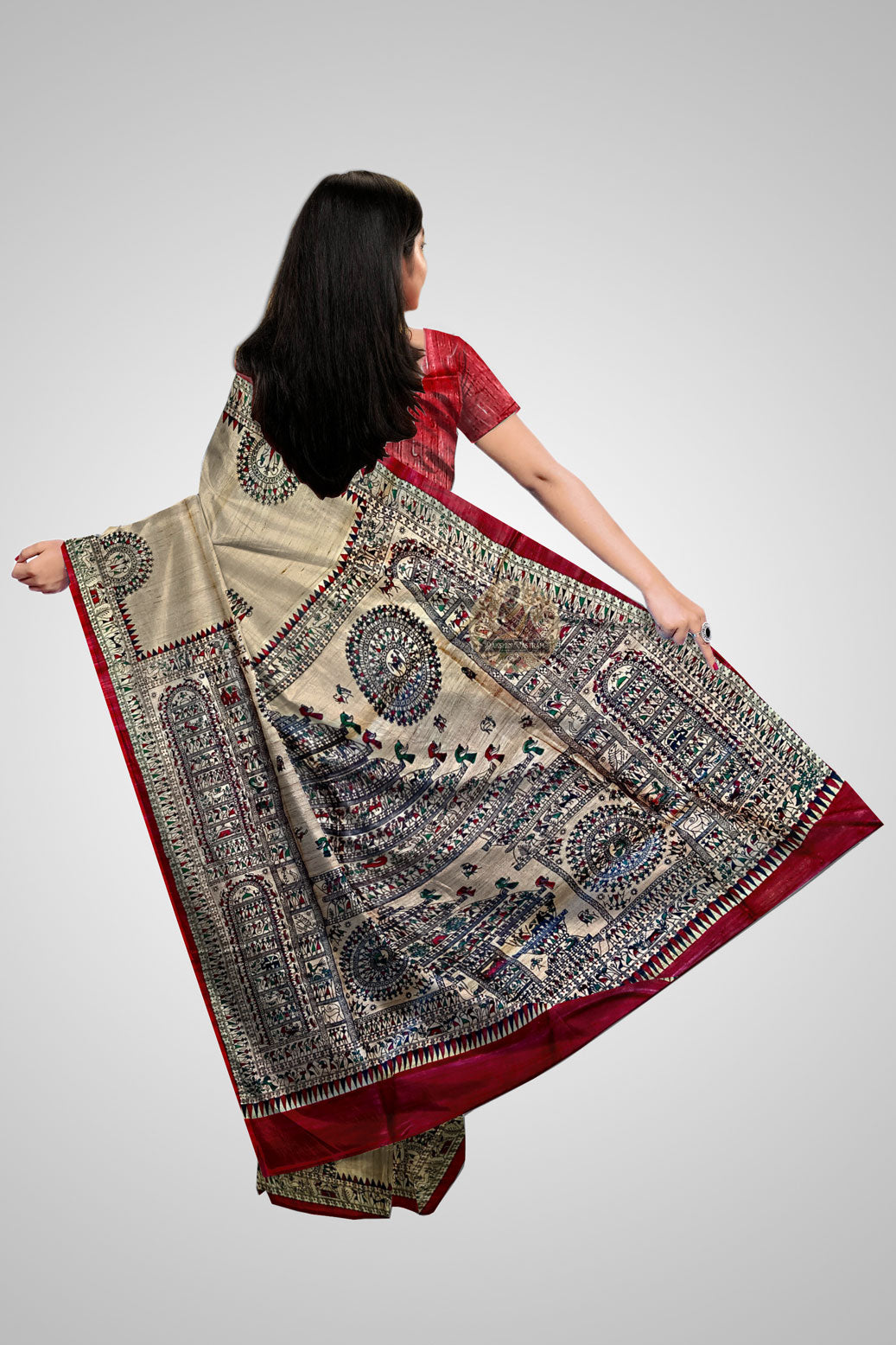 Explore Tussar Saree Collection – Rear view displaying pallu craftsmanship