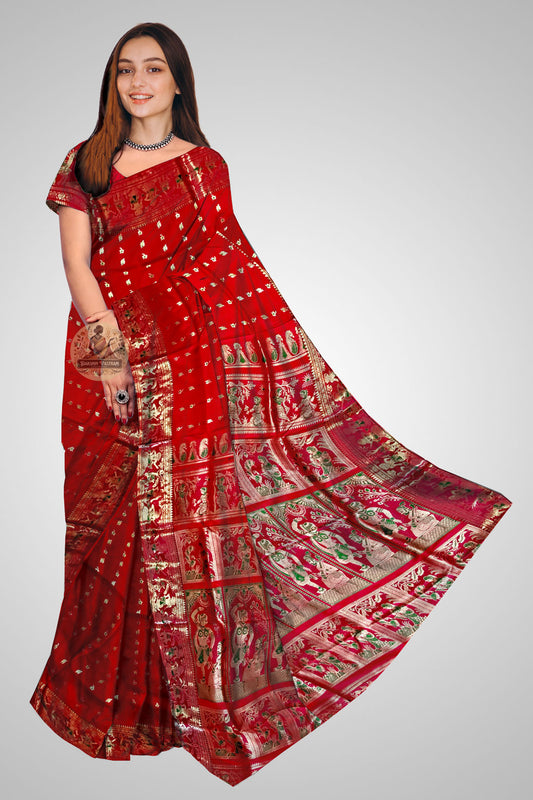 Buy Swarnachari Silk Saree – Front view of Bengal handloom drape