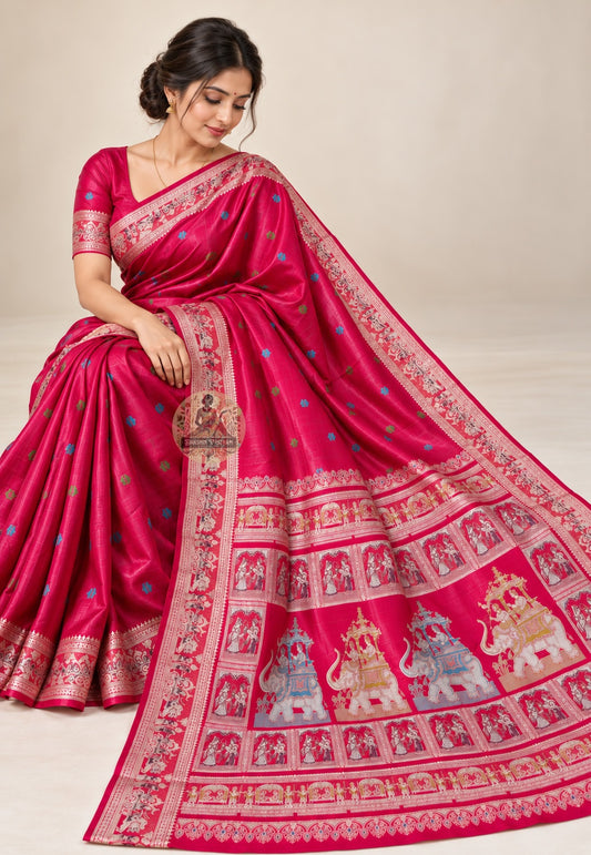Side view of cherry-red Baluchari silk saree showing the flowing drape and ornamental border