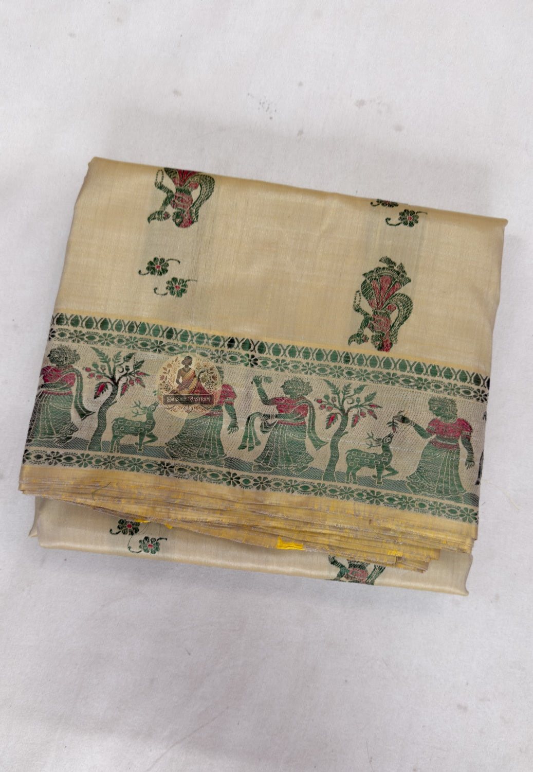 Full view of Beige Baluchari Silk Saree by Dakshin Vastram, handwoven in Bishnupur Bengal with timeless elegance for weddings, Durga Puja and festive celebrations across UK, USA, EU and India