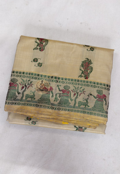 Full view of Beige Baluchari Silk Saree by Dakshin Vastram, handwoven in Bishnupur Bengal with timeless elegance for weddings, Durga Puja and festive celebrations across UK, USA, EU and India