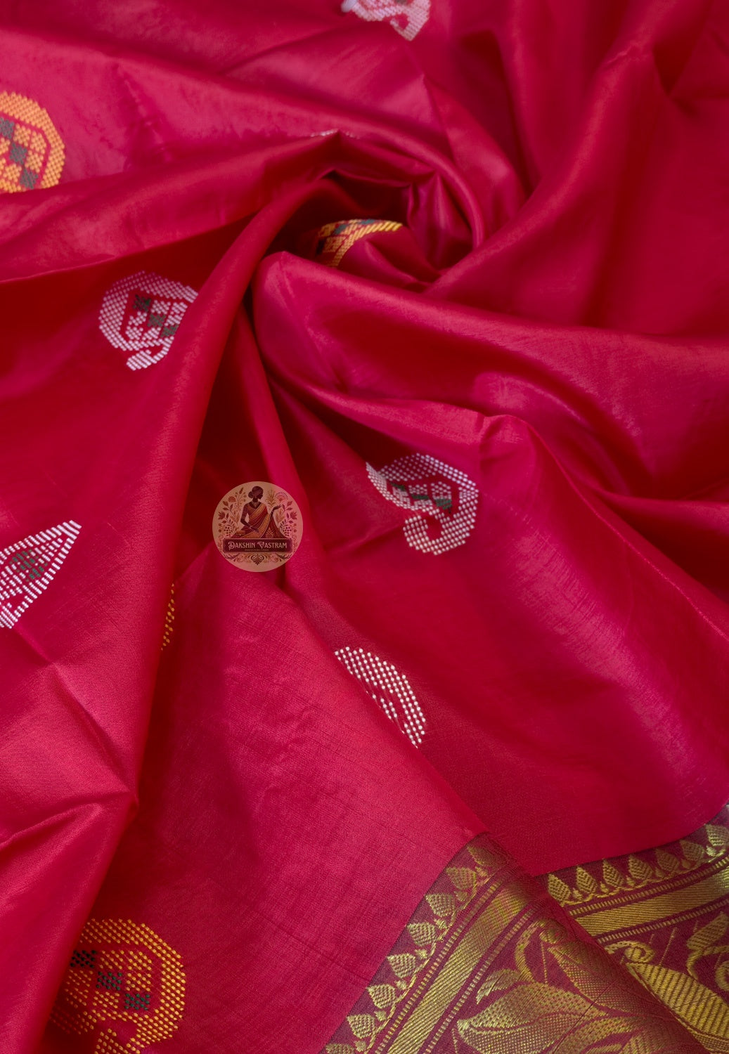 Detailed close-up of hand-woven border on Bishnupur Silk Kolakhetra Saree showing the precise geometric Kolakhetra weave pattern in tightly woven fine pure Katan silk — simultaneously ancient and modern