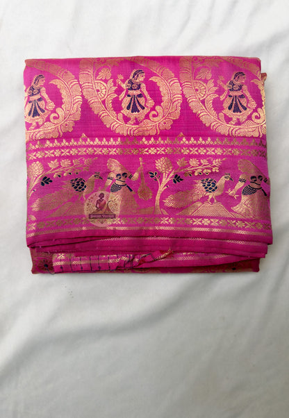 Full flat-lay of Swarnachari Pure Katan Silk Saree with matching blouse piece golden zari Ganesha heirloom Bishnupur Bengal