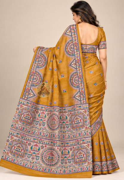Side view of mustard Ghicha Tussar silk saree showing the pleated drape and rounded decorative border panels