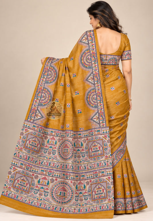 Side view of mustard Ghicha Tussar silk saree showing the pleated drape and rounded decorative border panels