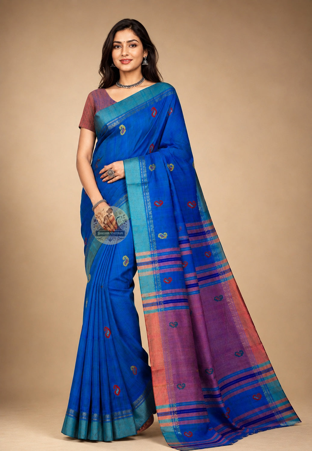 Front view of handloom Bishnupur Katan silk saree from West Bengal's classical arts town, tight weave and natural lustre of a tradition practised without interruption since the Malla kings