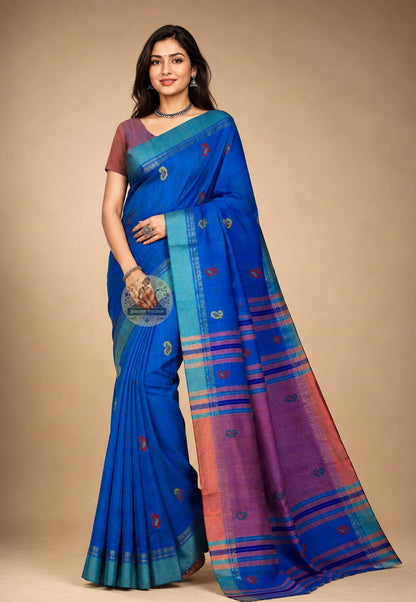 Front view of handloom Bishnupur Katan silk saree from West Bengal's classical arts town, tight weave and natural lustre of a tradition practised without interruption since the Malla kings