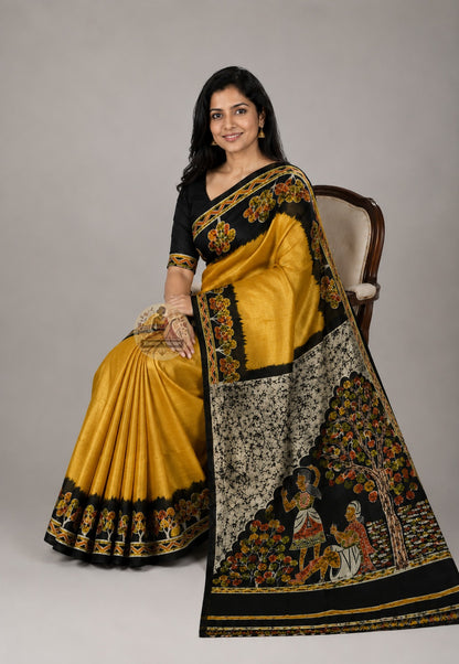 Front view of Bishnupur Katan silk saree with geometric Bengal motifs, handwoven, draped for Durga Puja celebration