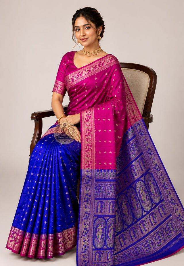 Front view of Swarnachari silk saree with golden zari pallu, handloom Bengal, draped for Durga Puja celebration