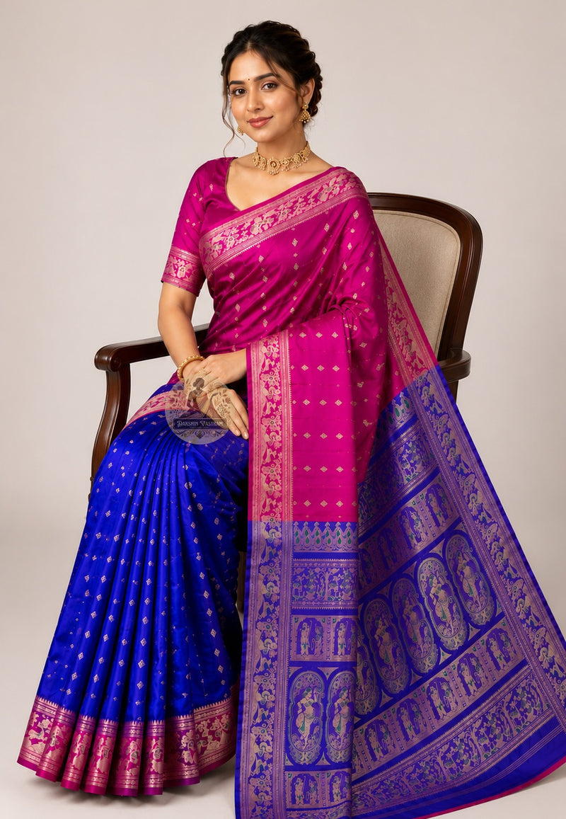 Front view of Swarnachari silk saree with golden zari pallu, handloom Bengal, draped for Durga Puja celebration