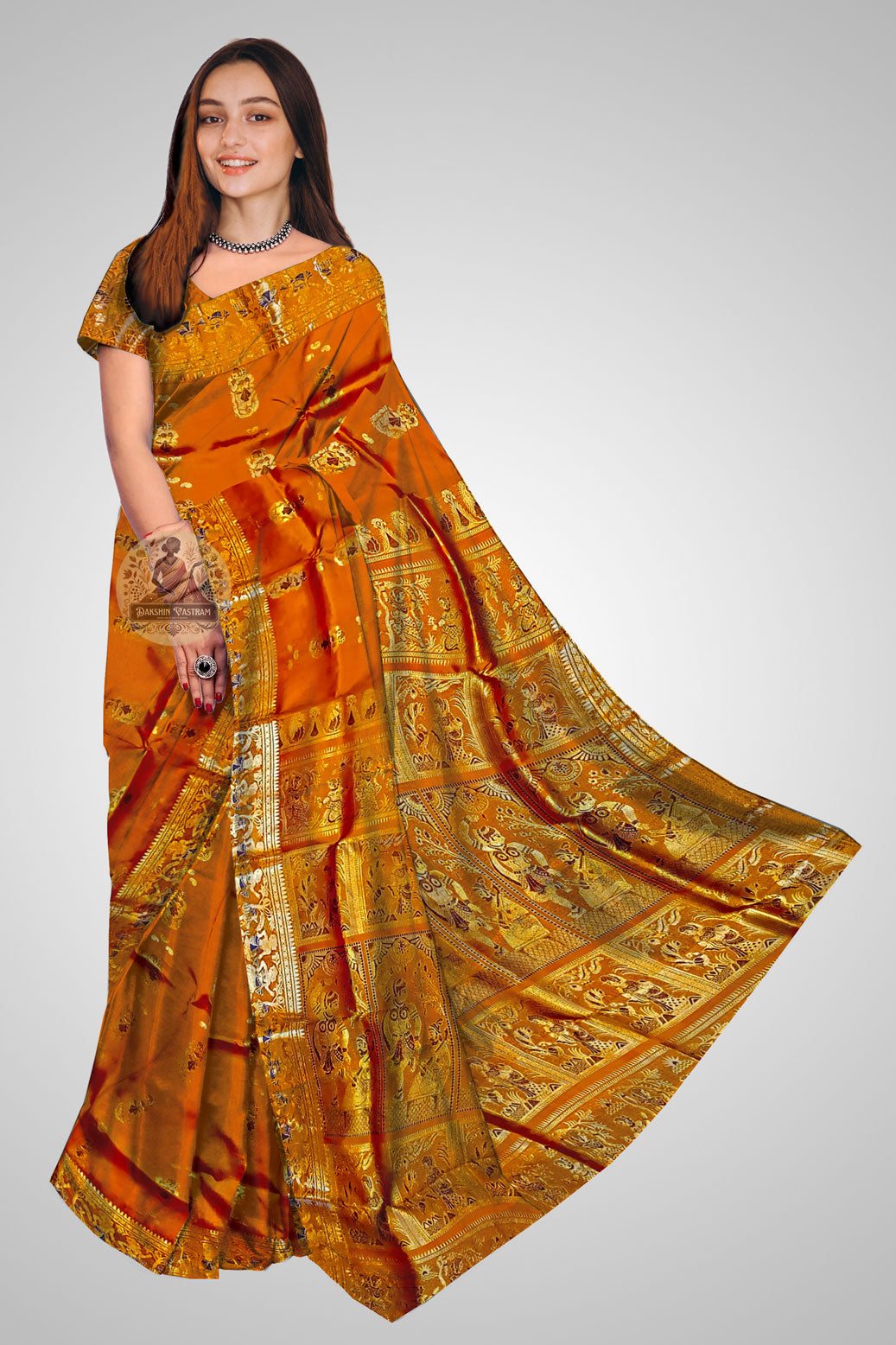 Buy Swarnachari Saree online – Front view of traditional golden motif design