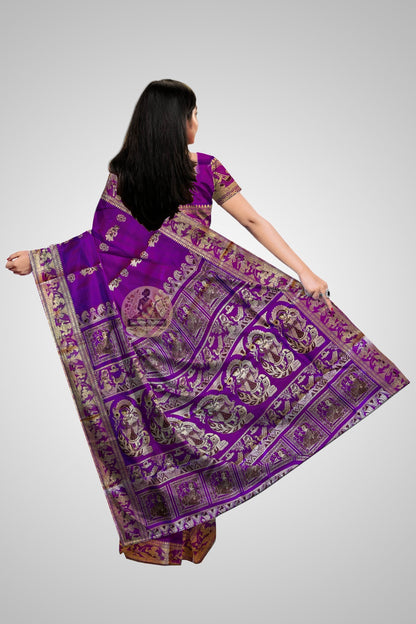 Pure silk Baluchari saree in dark pewter grey with traditional Bengali figurative weave and antique gold temple pallu