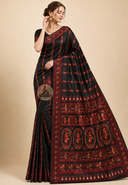 Front view of Baluchari Silk Saree with handwoven Sita swayamvar scene and lotus chain border authentic Bishnupur West Bengal