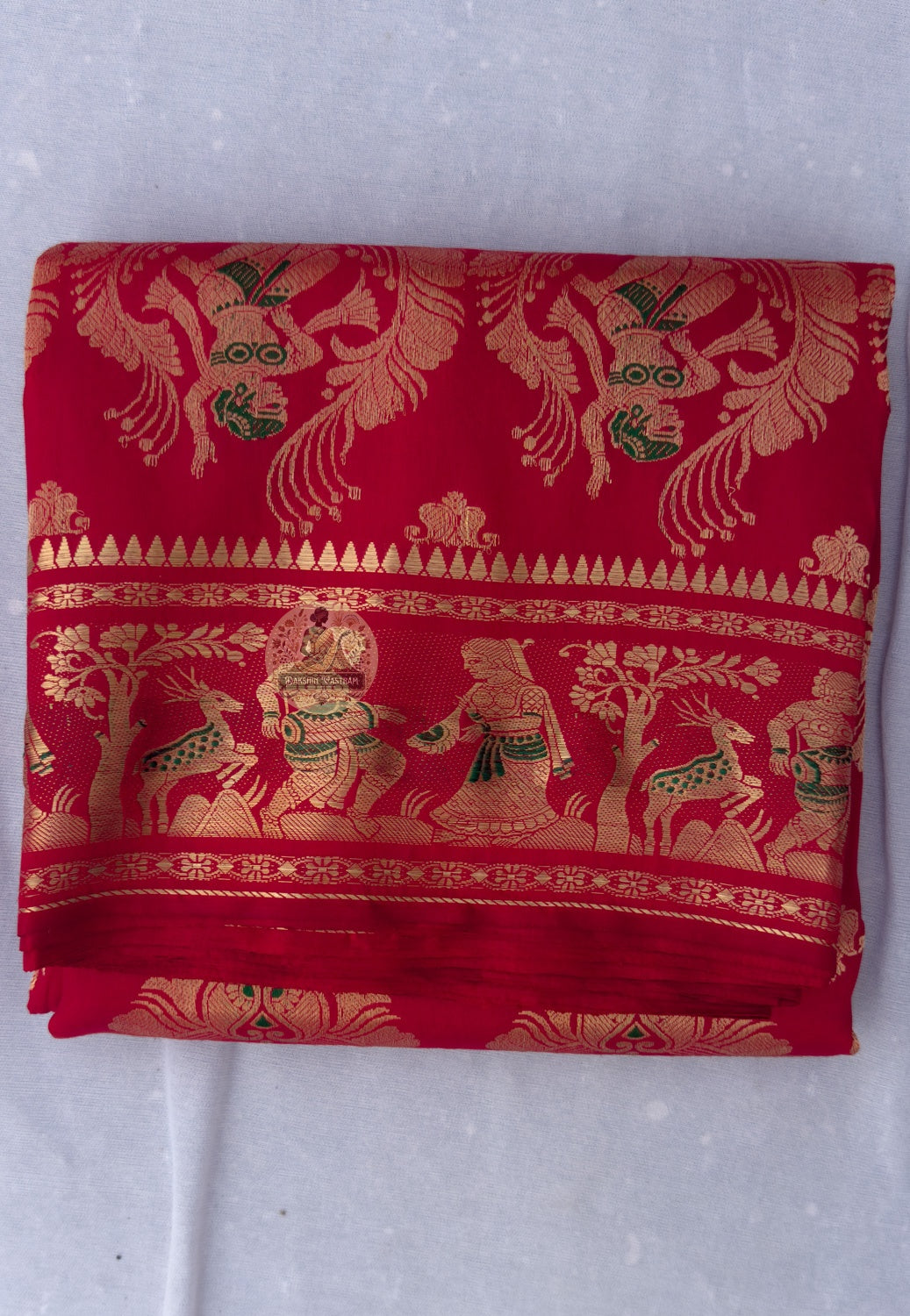 Full flat lay view of Swarnachari silk saree in golden zari, six yards of handwoven Bengal heritage textile